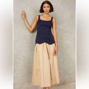 mon renn formation blue & tan drop waist ruffle scalloped midi summer sun dress